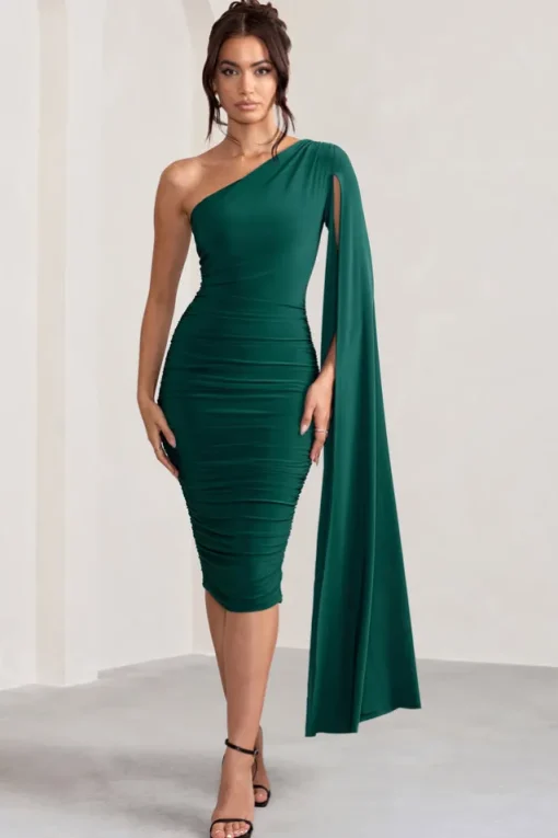 Yara | Bottle Green One Shoulder Cape Ruched Midi Dress