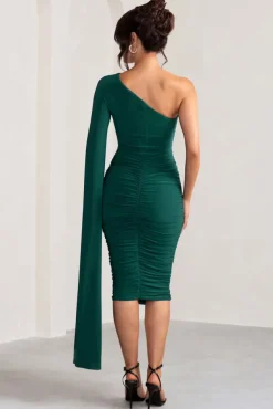 Yara | Bottle Green One Shoulder Cape Ruched Midi Dress
