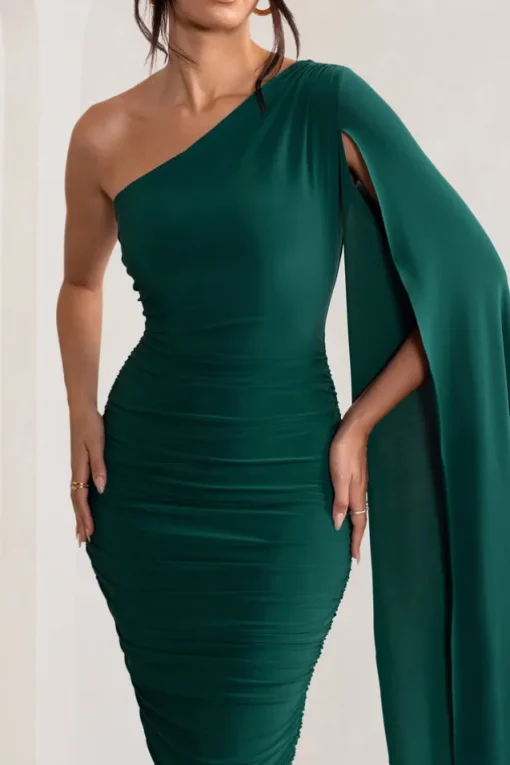 Yara | Bottle Green One Shoulder Cape Ruched Midi Dress
