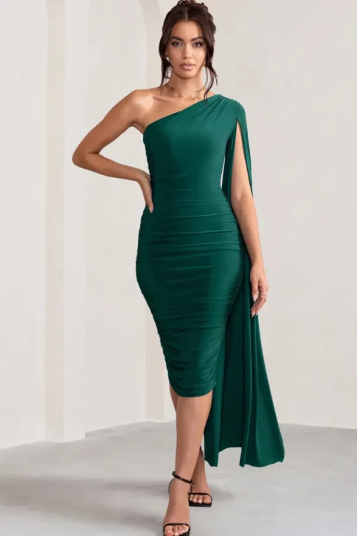 Yara | Bottle Green One Shoulder Cape Ruched Midi Dress