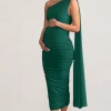 Yara | Bottle Green One Sleeve Ruched Maternity Midi Dress with Cape Sleeve