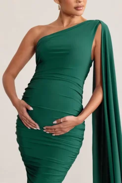 Yara | Bottle Green One Sleeve Ruched Maternity Midi Dress with Cape Sleeve