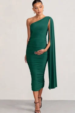 Yara | Bottle Green One Sleeve Ruched Maternity Midi Dress with Cape Sleeve