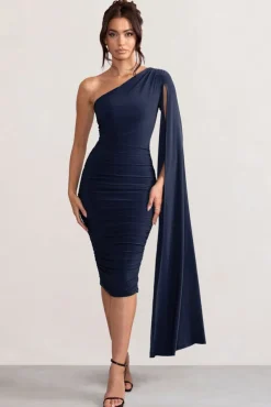 Yara | Navy One Shoulder Cape Ruched Midi Dress