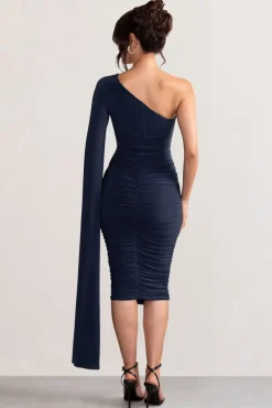 Yara | Navy One Shoulder Cape Ruched Midi Dress