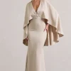 Yasie | Champagne Satin Plunge-Neck Maxi Dress With Cape Sleeves