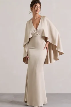 Yasie | Champagne Satin Plunge-Neck Maxi Dress With Cape Sleeves