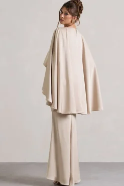 Yasie | Champagne Satin Plunge-Neck Maxi Dress With Cape Sleeves