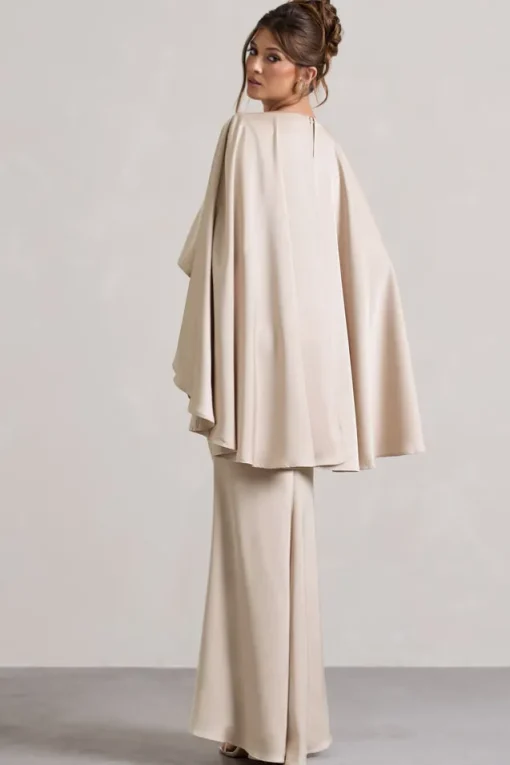 Yasie | Champagne Satin Plunge-Neck Maxi Dress With Cape Sleeves