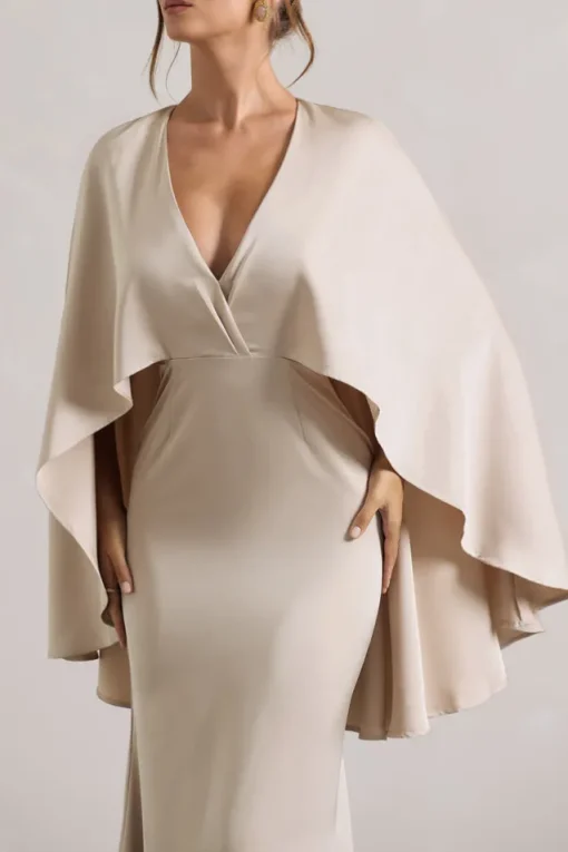 Yasie | Champagne Satin Plunge-Neck Maxi Dress With Cape Sleeves