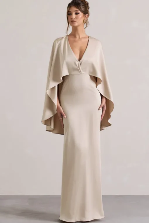 Yasie | Champagne Satin Plunge-Neck Maxi Dress With Cape Sleeves