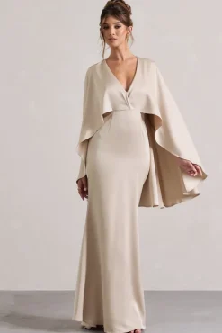 Yasie | Champagne Satin Plunge-Neck Maxi Dress With Cape Sleeves