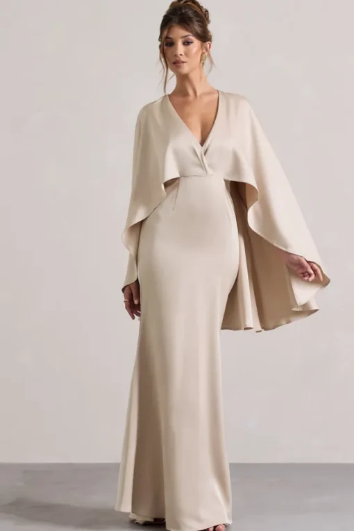 Yasie | Champagne Satin Plunge-Neck Maxi Dress With Cape Sleeves