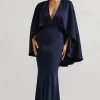 Yasie | Navy Satin Plunge-Neck Maxi Dress With Cape Sleeves
