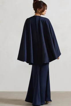Yasie | Navy Satin Plunge-Neck Maxi Dress With Cape Sleeves