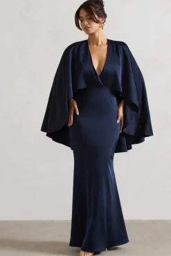 Yasie | Navy Satin Plunge-Neck Maxi Dress With Cape Sleeves