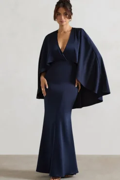 Yasie | Navy Satin Plunge-Neck Maxi Dress With Cape Sleeves