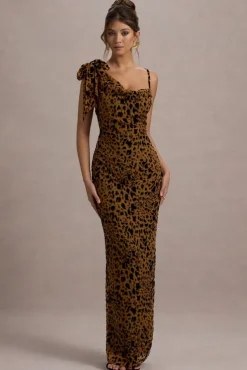 Yasmin | Leopard Print Velvet Strappy Maxi Dress With Bow