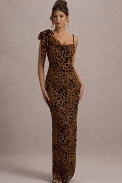 Yasmin | Leopard Print Velvet Strappy Maxi Dress With Bow