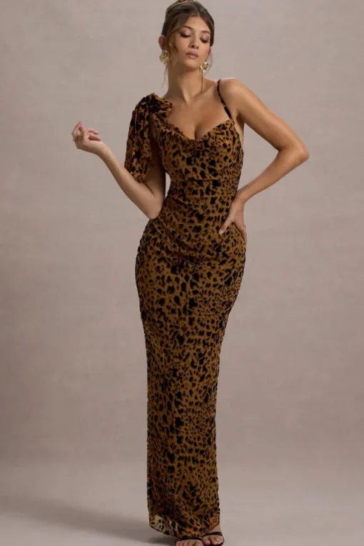 Yasmin | Leopard Print Velvet Strappy Maxi Dress With Bow