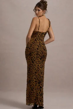 Yasmin | Leopard Print Velvet Strappy Maxi Dress With Bow