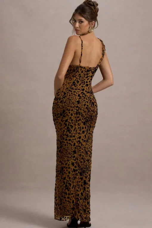 Yasmin | Leopard Print Velvet Strappy Maxi Dress With Bow