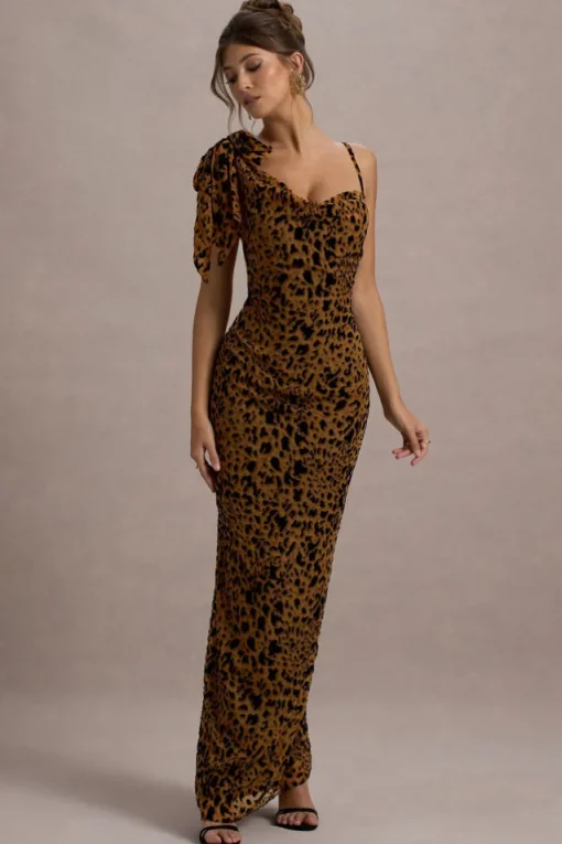 Yasmin | Leopard Print Velvet Strappy Maxi Dress With Bow