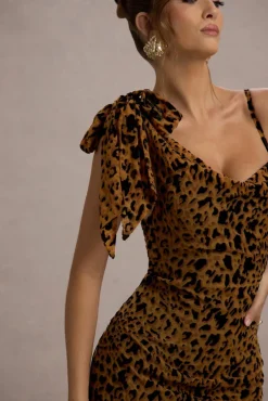 Yasmin | Leopard Print Velvet Strappy Maxi Dress With Bow