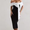 You Wish | Black Bodycon Bandeau Midi Dress With Oversized White Bow