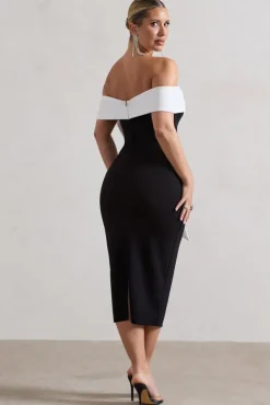 You Wish | Black Bodycon Bandeau Midi Dress With Oversized White Bow