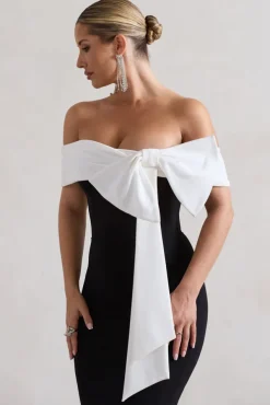 You Wish | Black Bodycon Bandeau Midi Dress With Oversized White Bow