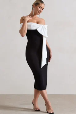 You Wish | Black Bodycon Bandeau Midi Dress With Oversized White Bow