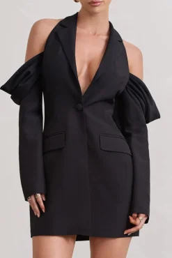 Your Night | Black Plunge Draped Blazer Dress