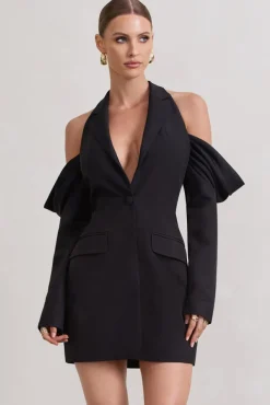 Your Night | Black Plunge Draped Blazer Dress