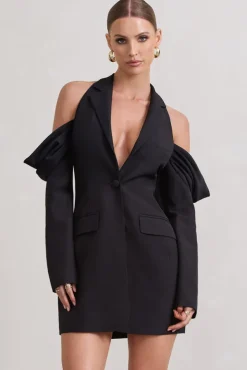 Your Night | Black Plunge Draped Blazer Dress
