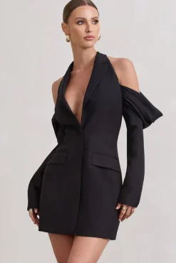 Your Night | Black Plunge Draped Blazer Dress