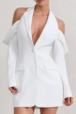 Your Night | White Plunge Draped Blazer Dress