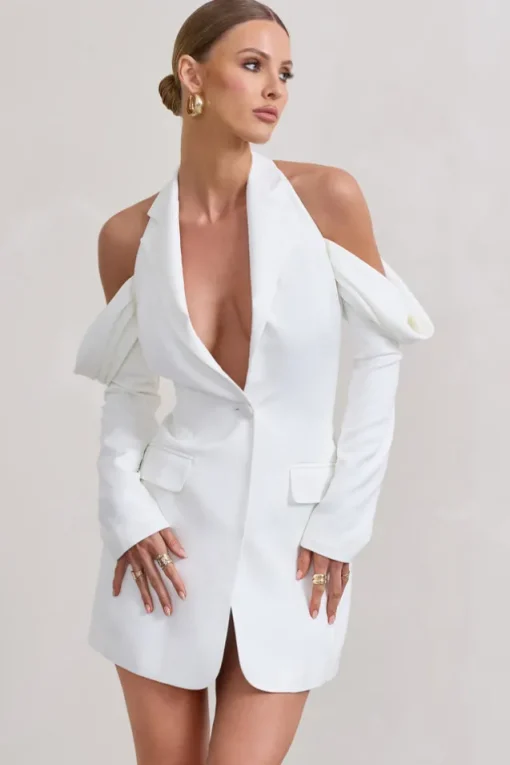 Your Night | White Plunge Draped Blazer Dress