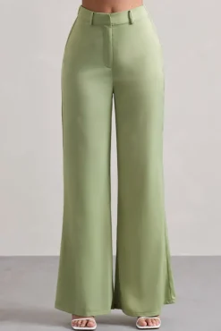 Your Way | Pale Green Satin Wide-Leg Trousers