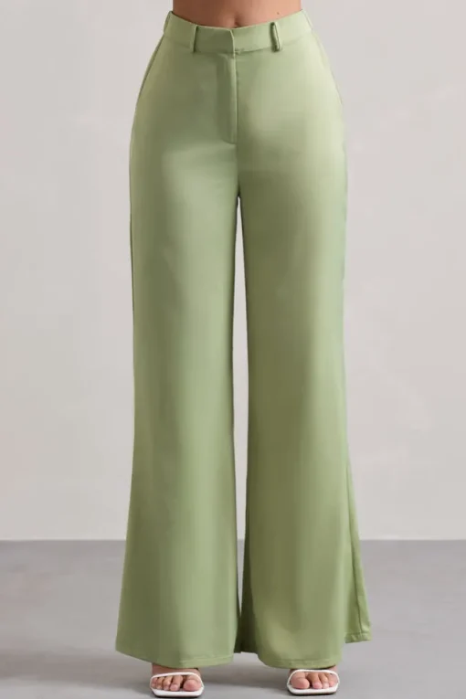 Your Way | Pale Green Satin Wide-Leg Trousers