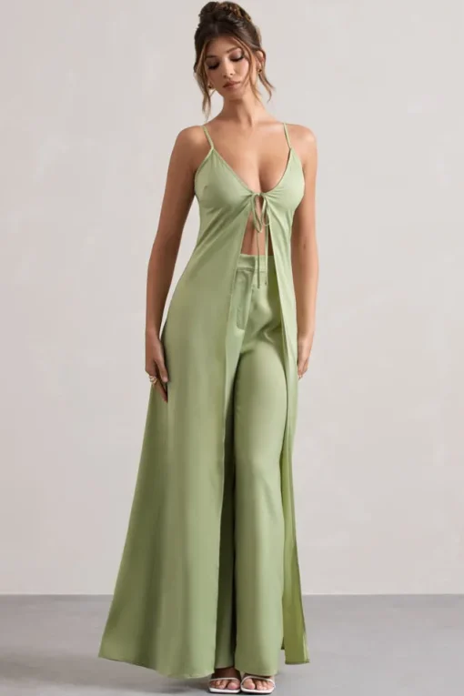 Your Way | Pale Green Satin Wide-Leg Trousers
