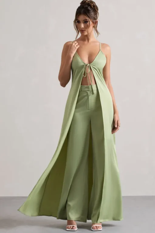 Your Way | Pale Green Satin Wide-Leg Trousers