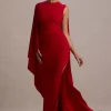 Yuna | Red Draped Maxi Dress With Cape