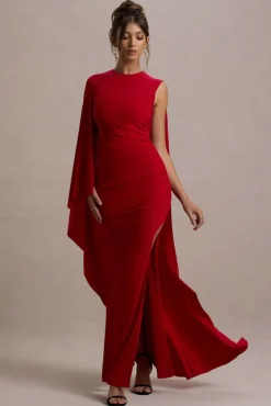 Yuna | Red Draped Maxi Dress With Cape
