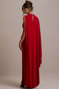 Yuna | Red Draped Maxi Dress With Cape