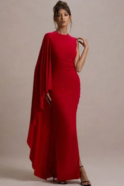Yuna | Red Draped Maxi Dress With Cape