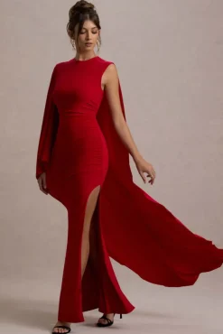 Yuna | Red Draped Maxi Dress With Cape