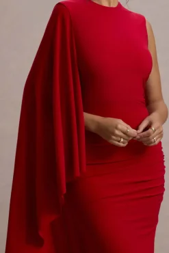 Yuna | Red Draped Maxi Dress With Cape