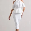 Yves | White High-Neck Cut-Out Midi Dress With Peplum Waist