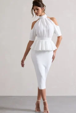 Yves | White High-Neck Cut-Out Midi Dress With Peplum Waist